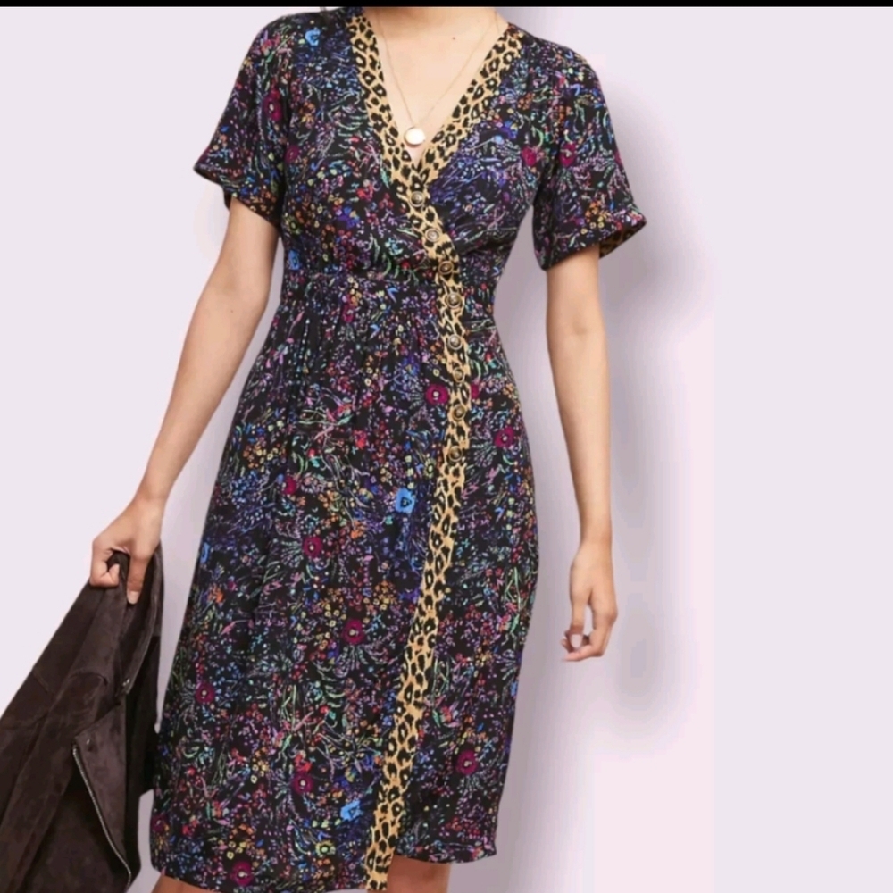 Maeve‎ by Anthropologie Morgan Dress Floral and Leopard Wrap Midi Womens 2
